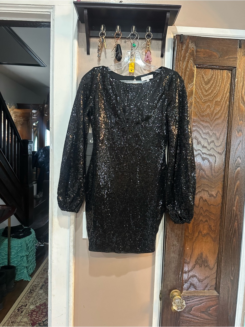 Black Sequin Mini Dress with Long Balloon Sleeves